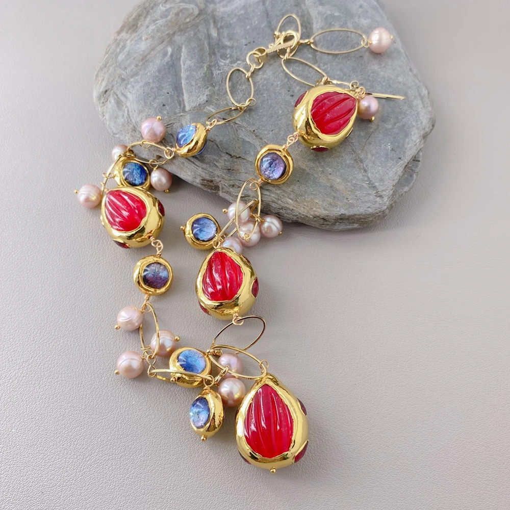 

Y·YING Cultured Purple Pearl Murano Glass Red Quartz Pendant Necklace Boho Style Jewelry Multistone