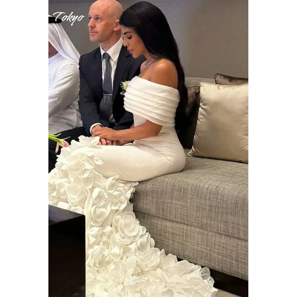 東京カスタマイズ エレガント オフショルダー ウェディングドレス 半袖 3Dフラワー マーメイド ブライダルベール ホワイト コートトレイン ウェディングガウン