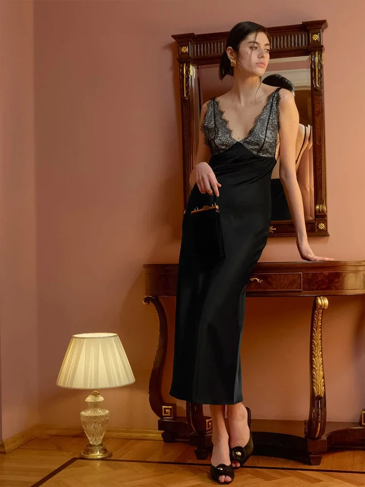 

Sexy Lace Satin Maxi Dress for Women, V-Neck Sleeveless High Waist Party Evening Gown