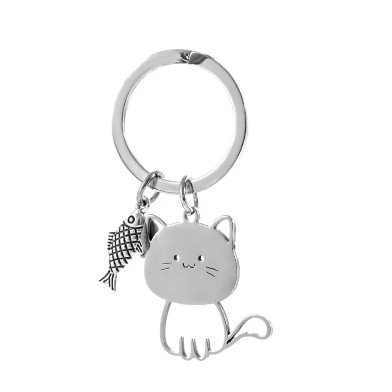 Neue japanische Katze isst Fisch Schlüssel ring Edelstahl Schlüssel anhänger niedlichen Cartoon Katze Anhänger Paar Schlüssel anhänger Taschen Autozubehör