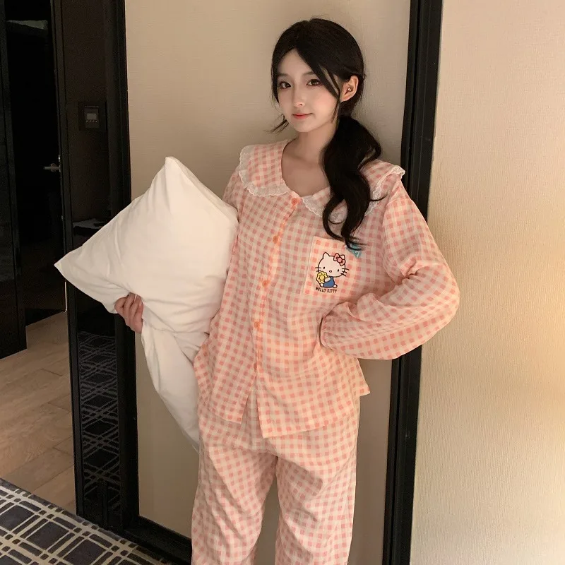 

New Plus Size Sanrio Long Pajamas HelloKitty Lace Plaid Kawaii Cartoon Loose Sleepwear Pajamas Sets Autumn Winter Nightwear