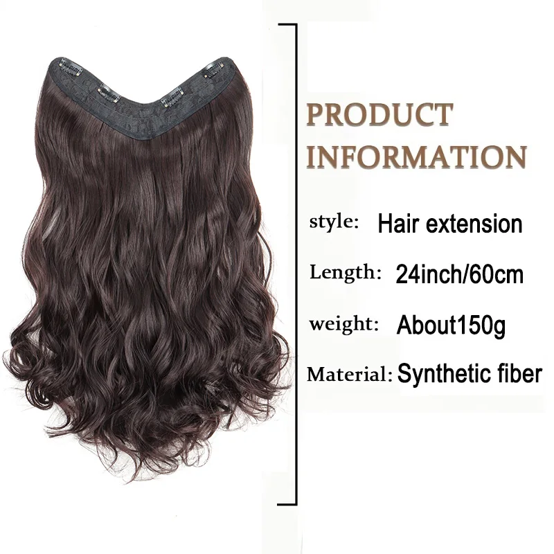 24Inch Synthetic 4 Clip V-shaped Hairpiece Long Curly Wavy Natural Invisible Fluffy Hairpiece for Women Daily Wear