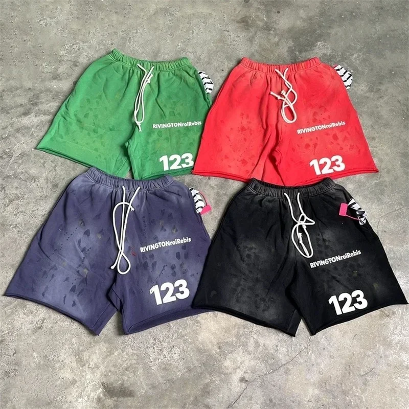 24ss Black Washed Damaged RRR123 Tie-dyed Shorts Men Women Top Quality Oversized Short Inside Tag Basketball Shorts