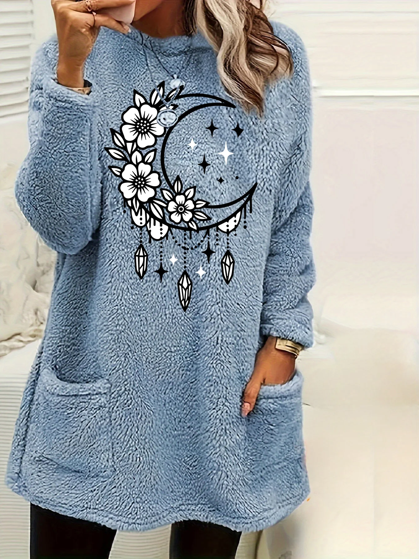 

Plus Size Women Fleece Sweatshirt Moon Flower Pattern Printed Round Neck Soft Warm Sweater Casual Winter Long Sleeve Pullovers