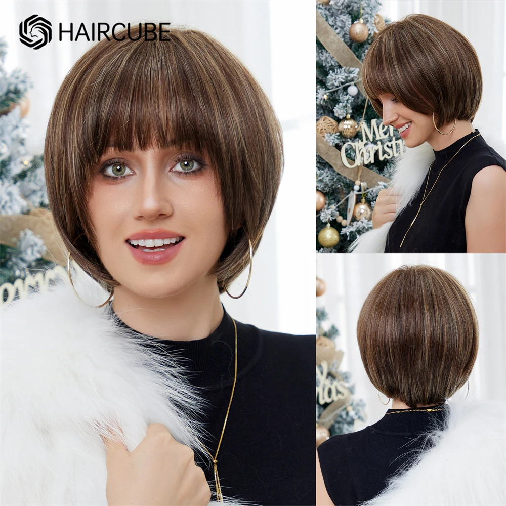 HAIRCUBE Short Straight Blend Human Hair Wigs Brown Mixed Blonde Highlight Bob Wig with Bang Human Hair Blend Wig Heat Resistant