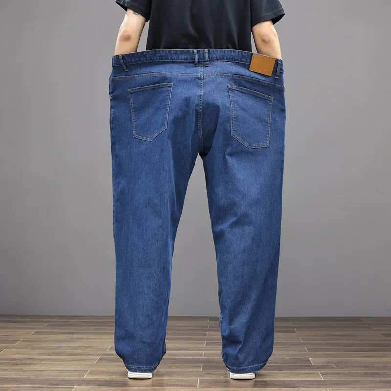 الصيف الجينز الرجال 200 كجم 8XL 7XL 6XL مستقيم رقيقة امتدت المتضخم كبير حجم كبير الدينيم السراويل الذكور مرونة الكلاسيكية السراويل