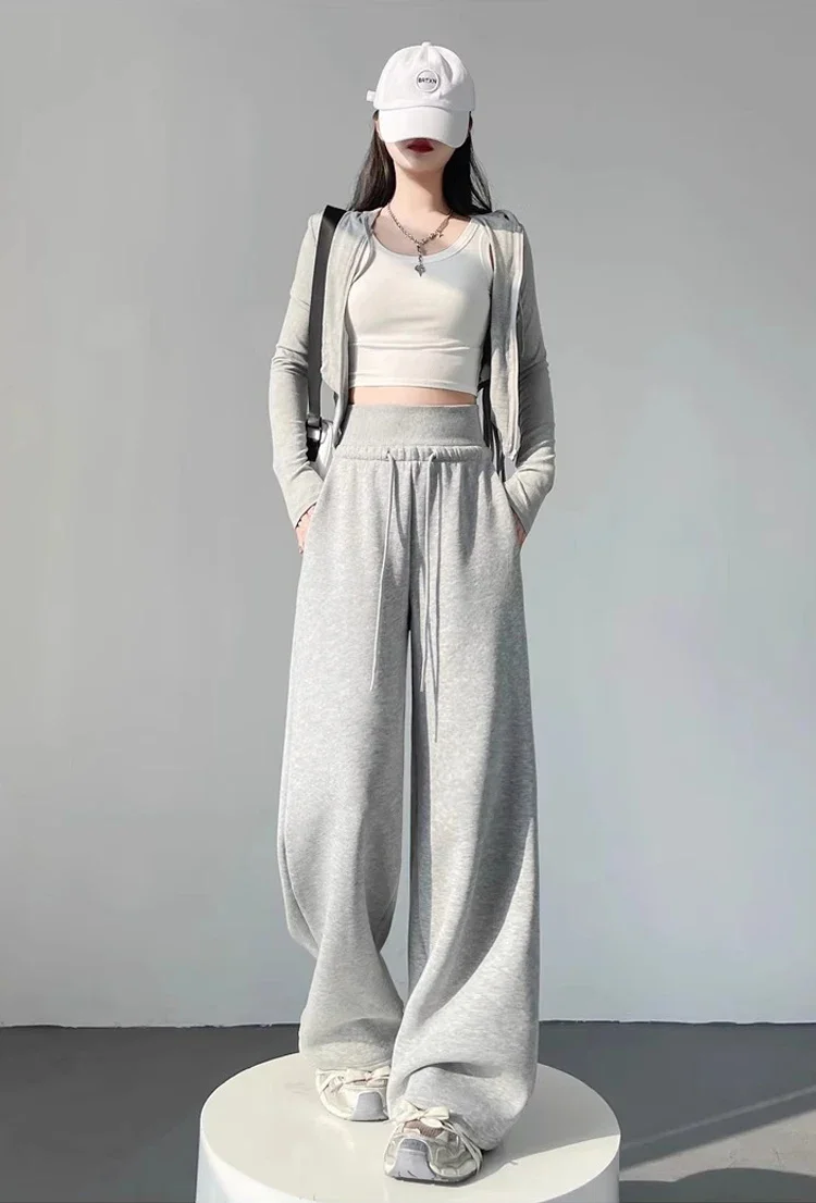 Graue Damen-Sport-Hose mit hoher Taille, locker geschnitten, schlankmachend, gerades Bein, weites Bein, amerikanische Jogginghose – Detail 4
