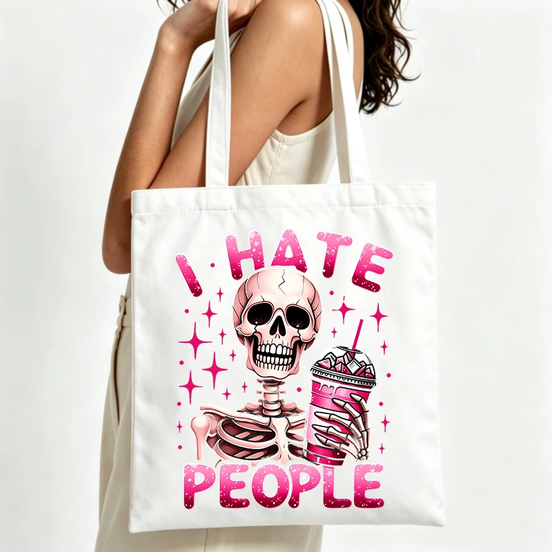 skull graphic canvas tote bag with letter print, casual style for daily shopping and casual outings