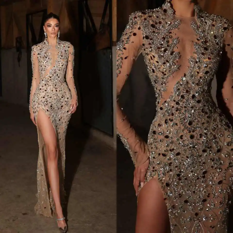 Sexy Evening Dresses Long Sleeve High Collar Crystal Beads Perspective Dresses Formal Party Prom Customized Vestidos De Fiesta