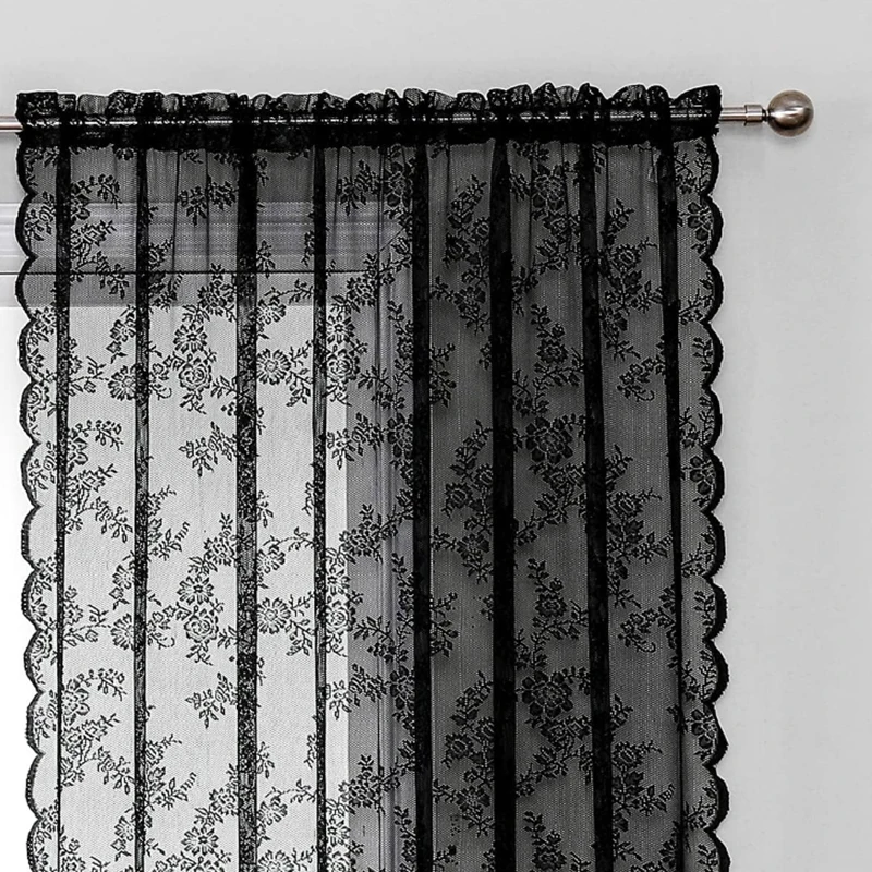 1pc Vintage Floral Embroidery Clear Black Lace Curtain Panel - Privacy & Light Filtering, Machine Washable,