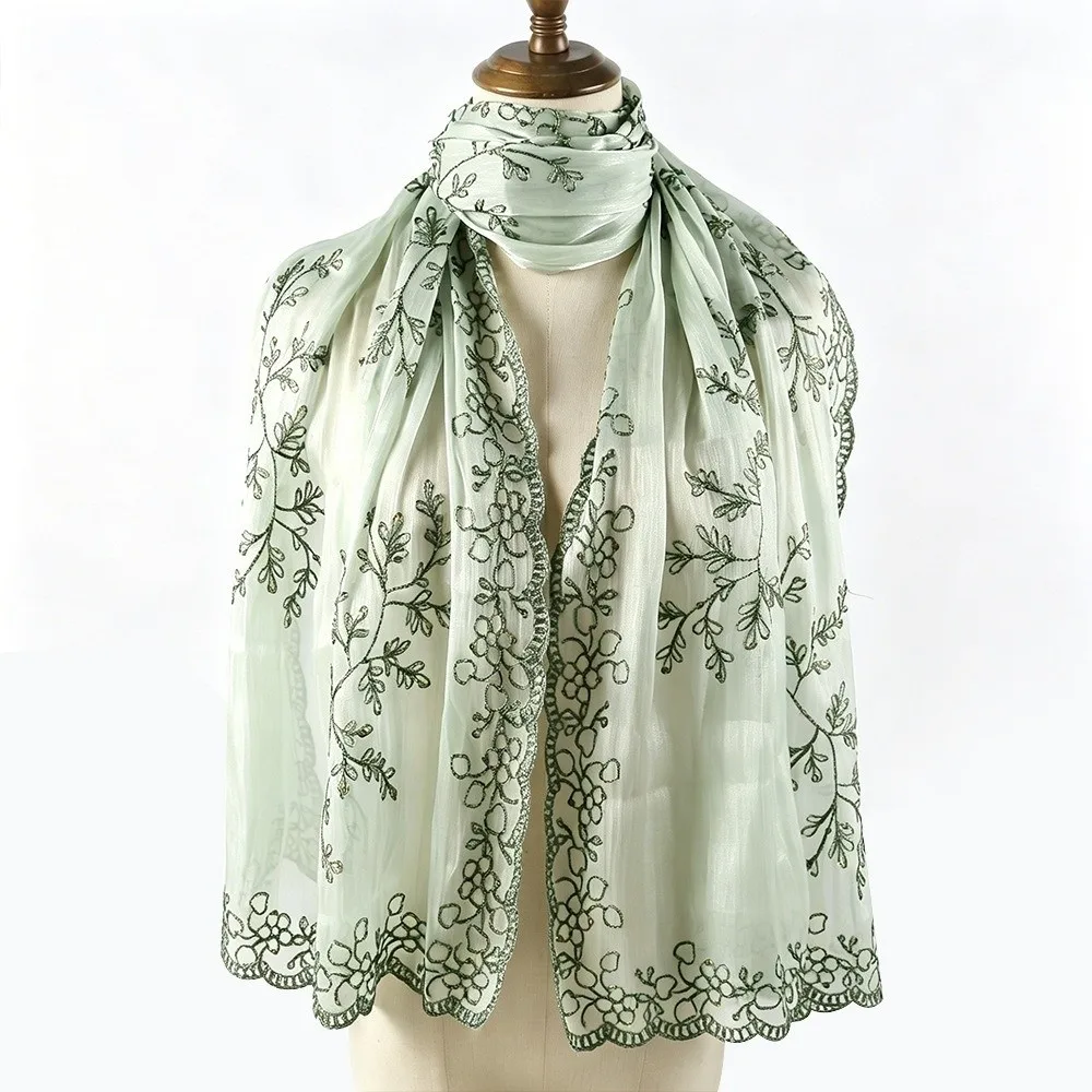 

Luxury Soft Satin Sequin Floral Hijab Flowy Sparkly Sequin Embroidered Hijab Breathable Lace Edge Shawl Wedding Occasion