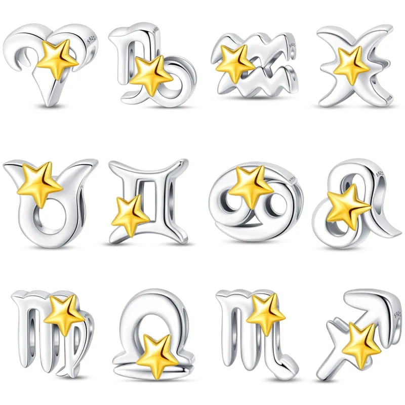 Charms Fit Pandora Original Bracelets The Twelve Zodiac Signs Charms Jewelry Making 100% S925 Sterling Silver with Golden Star