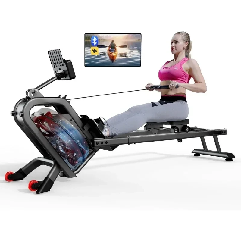 Water Rowing Machine for Home, 350 LBS Weight Capacity Foldable Rower Machine with LCD Monitor, Dual Slide Rails