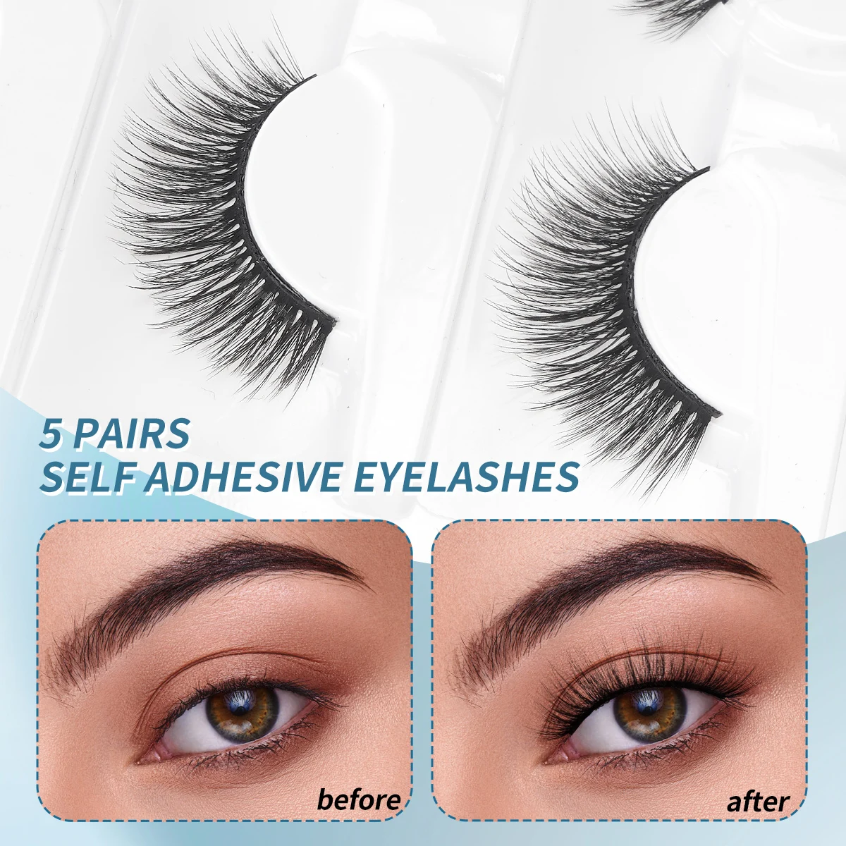 MAGEFY Fake Eyelashes Glue Free 5 Pairs Manga Lashes with Tweezers Mascara Brush Soft Natural Cat Eye Lashes Extension Beauty