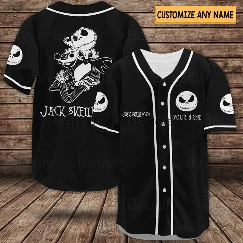 Jack Skellington Baseball Jersey Mens Women Custom Name Summer Short Sleeve T-shirt Disney Baseball Uniform Casual Sports Shirt