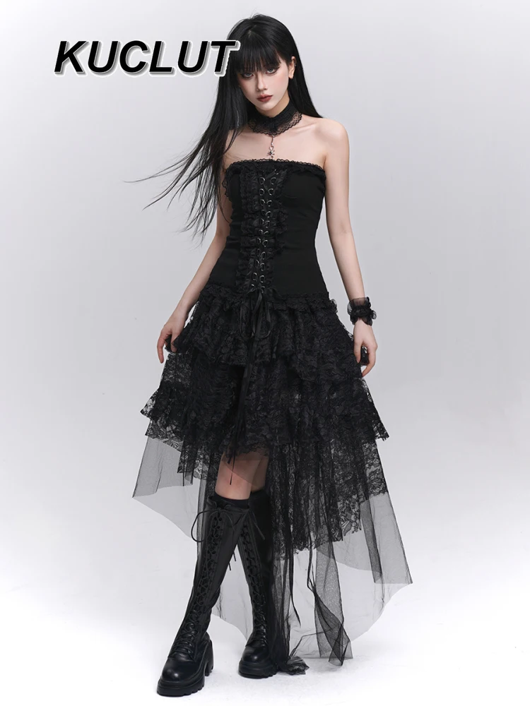 Menina renda preta fofo bolo aniversário cintura alta saia casual subcultura gótica estilo punk saias de comprimento médio para mulheres verão