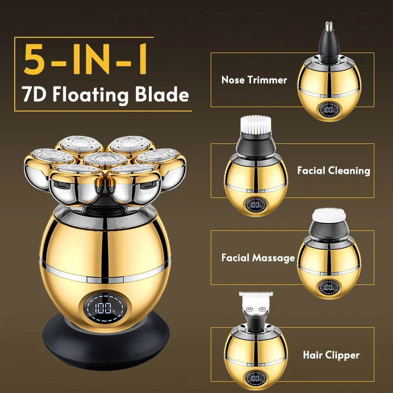 5-IN-1 7D العائمة شفرة ماكينة حلاقة كهربائية مع قاعدة شحن للرجال أداة تهذيب اللحية المقص قابلة للشحن أصلع رئيس الحلاقة الكهربائية