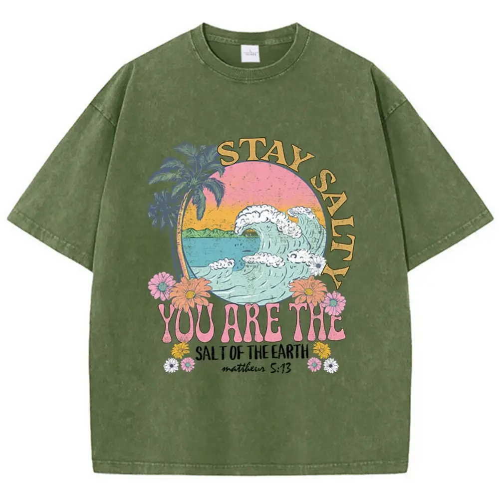 Summer Woman Cotton Washed T-Shirts Stay Salty You Are The Salt Of The Earth Printed Tops Loose O-Neck Vintage Female Clothes