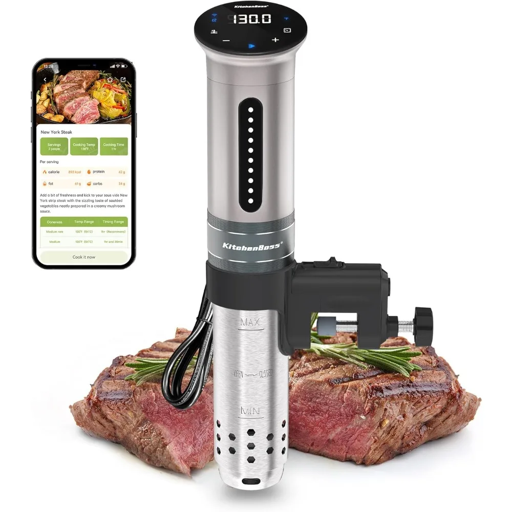 

KitchenBoss Wifi Sous Vide Machine: Ultra-quiet Sous-vide Immersion Circulator Cooking Machine APP Control 1100W, IPX7 Waterproo