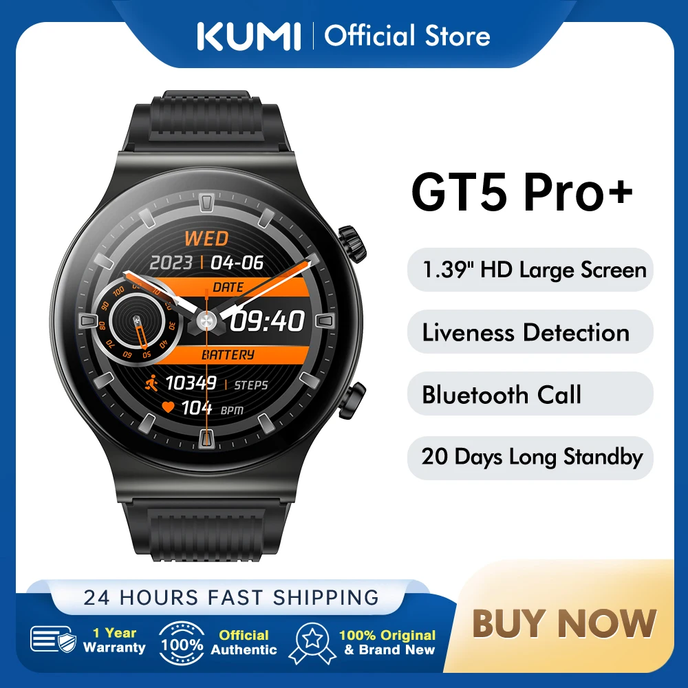 KUMI GT5 Pro+ Smart Watch 1.39 Inch HD Screen 270+ Exquisite Dial 20 Days Long Standby Bluetooth Call IP68 Liveness Detection