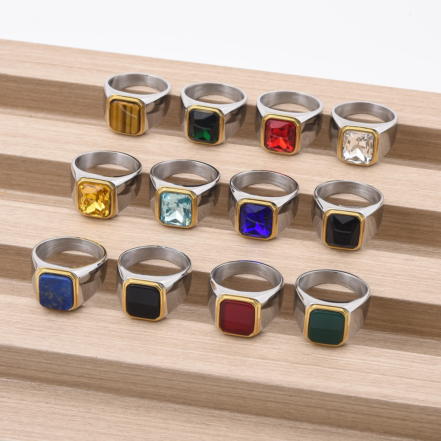 New trendy high quality stainless steel multi-color gemstone style golden agate ring