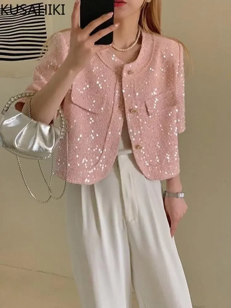 KUSAHIKI Fashion Sequined Short Sleeve Blingbling Jacket Tops Korean Single Breasted O-neck Coat Women 2023 New Cardigan Outwear