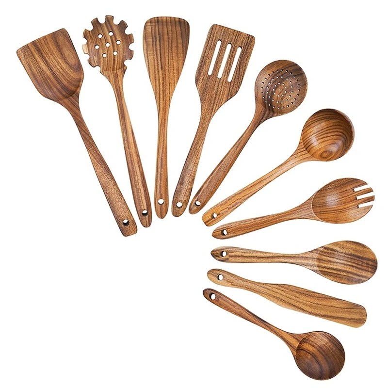 

Wooden Cooking Utensils, Kitchen Utensils Set With Teak Wood Spoons And Wooden Spatula For Cooking