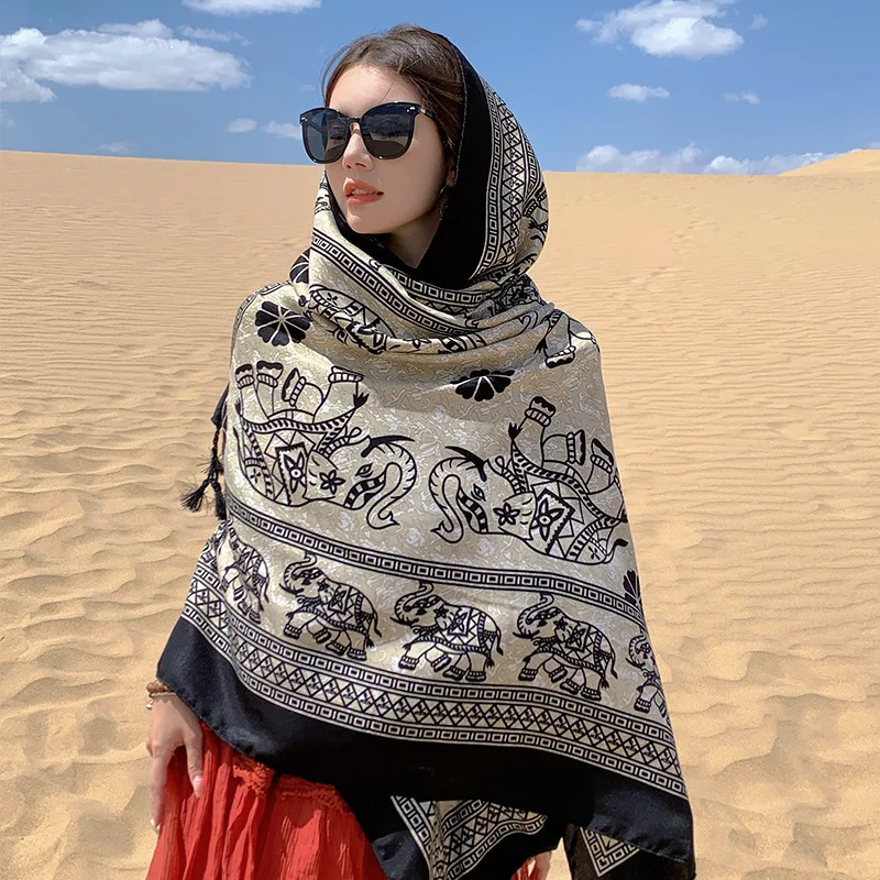 Spring Summer Women Scarf Elephant Print Tassels Hijab Lady All-match Luxury Scarves Female Travel Shawl Ethnic Style Capes