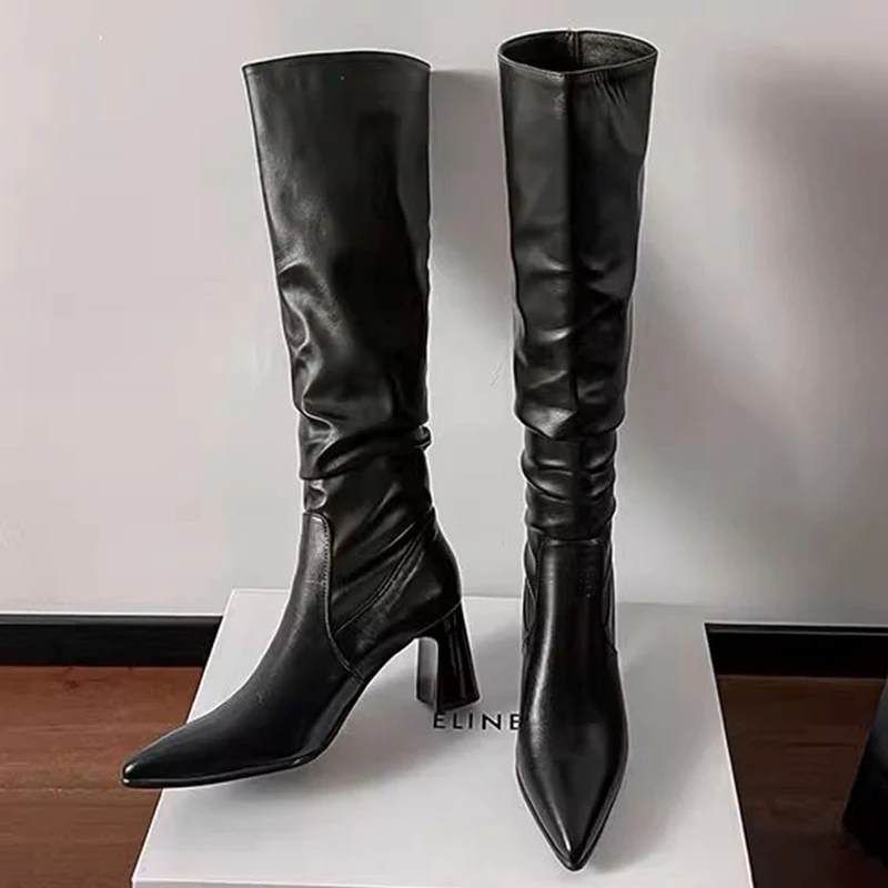 High Heels Women Leather High Boots Sexy Knee High Pleated Shoes Trend Fashion New Chelsea Boots Pumps Snow Boots Pumps Mujer