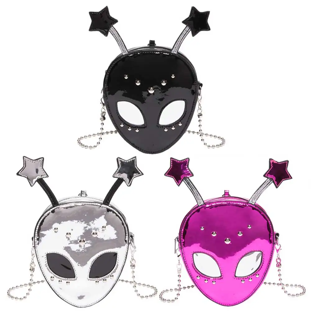 Zipper Women Mini Crossbody Bag PU Leather Alien Pattern Shoulder Purse Halloween Style Satchel Purse for Shopping Travel