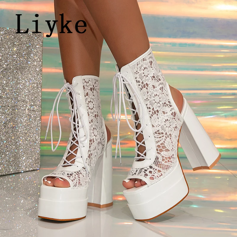 

Liyke Sexy Peep Toe Chunky Platform Boots For Women Hollow Out Cross Tied Lace Up Ankle Booties Ladies Thick High Heels Shoes