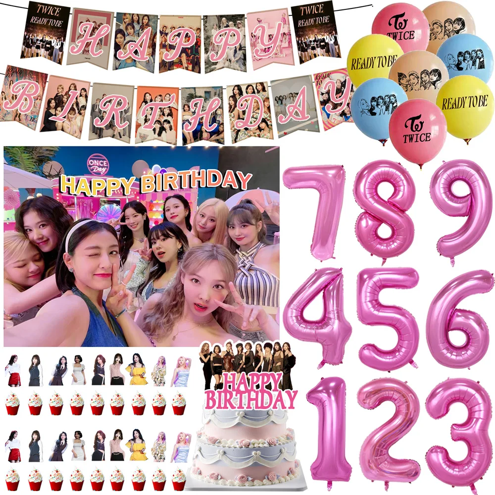 

Kpop Singer T-Twiced Birthday Party Decoration Ballon Set Pink Korea Cute Star Background Supplies Cake Topper Girl Gift Props