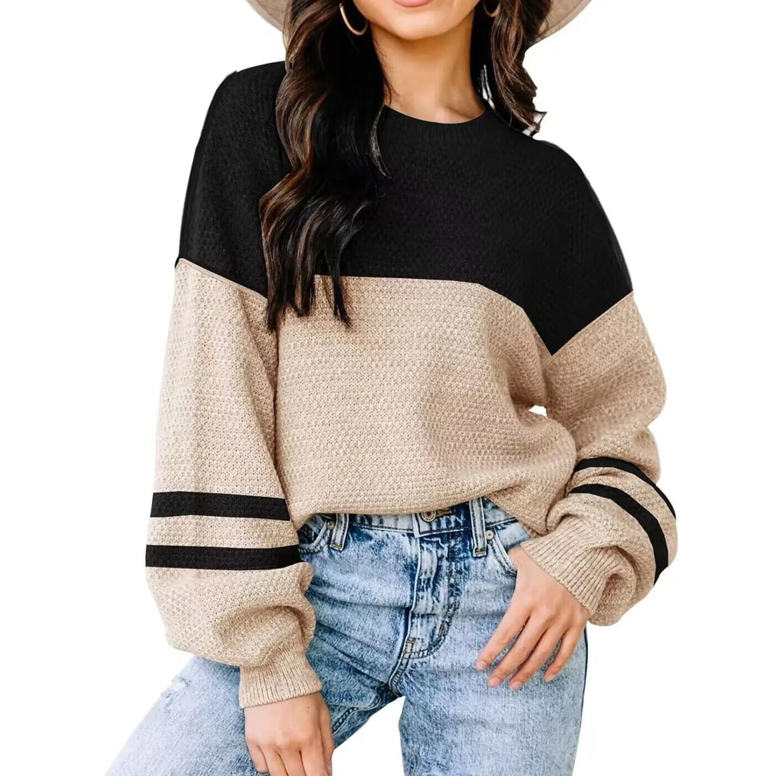 Patchwork Striped Loose Knit Sweater Women Long Sleeve Knitting Pullover Tops Streetwear New In Knitwears Autumn Winter Sweaters