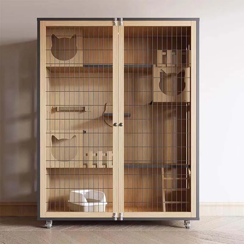 Cat Villa Luxury Modern Cat House Customizable Large Cat Bed for Indoors Solid Wood for Living Room Pet Fence