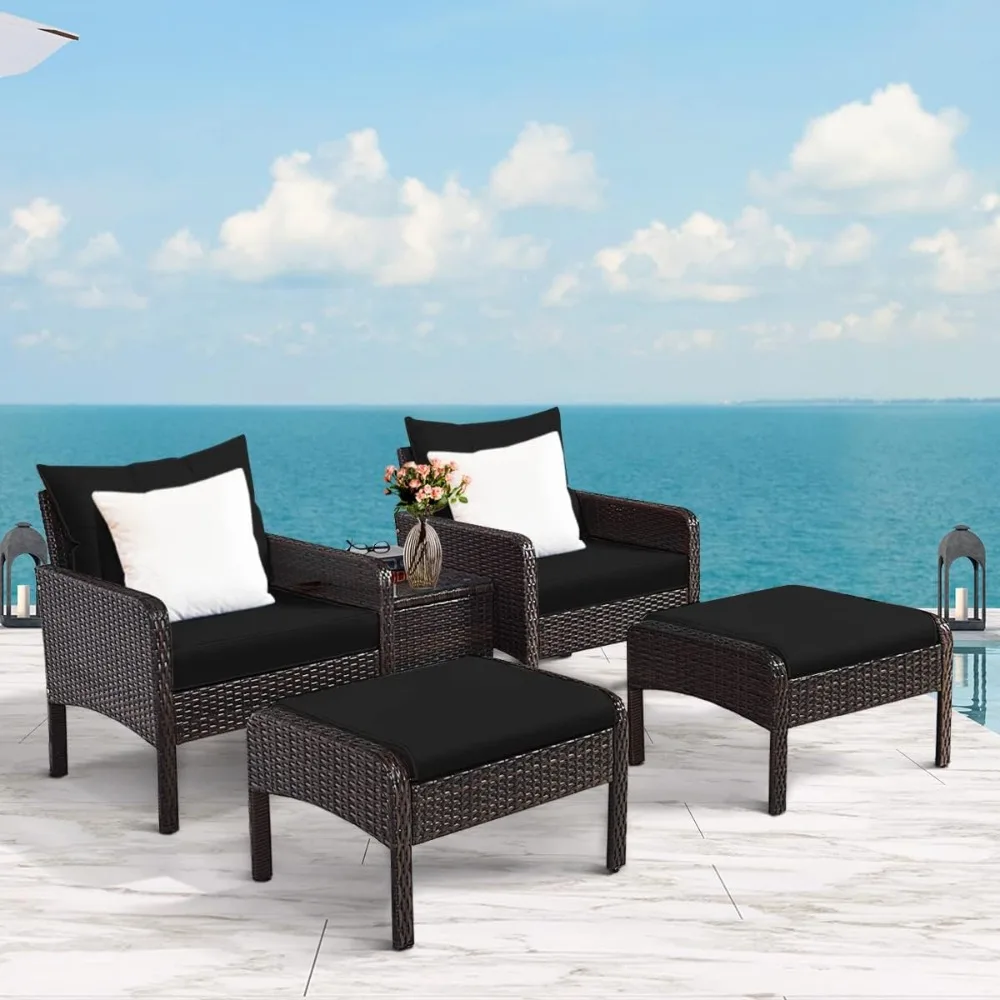 All-Weather 5-Piece Rattan Outdoor Furniture Set with Cushioned Sofas and Ottoman for Lawn, Pool, Balcony
