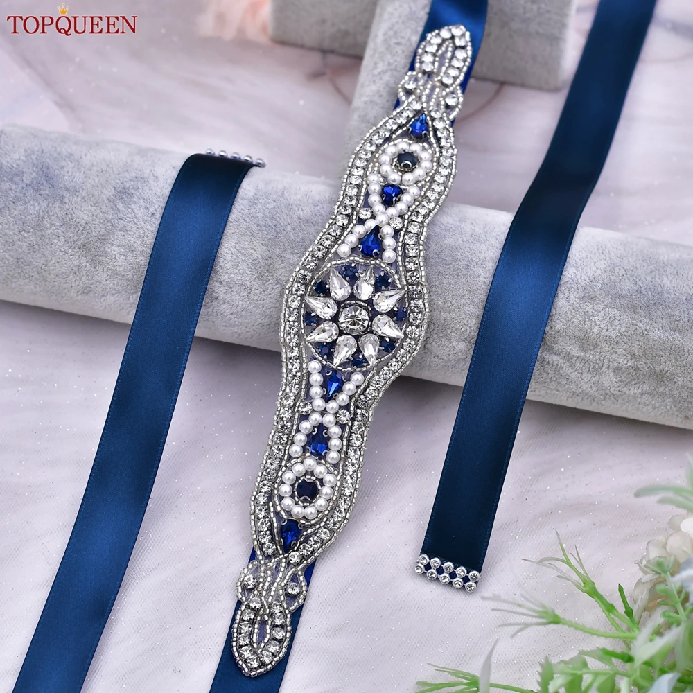 

TOPQUEEN Popular Morrocan Robe Wedding Belt Bridal Satin Sash Blue Jeweled Applique Bridesmaid Sash S18-ML