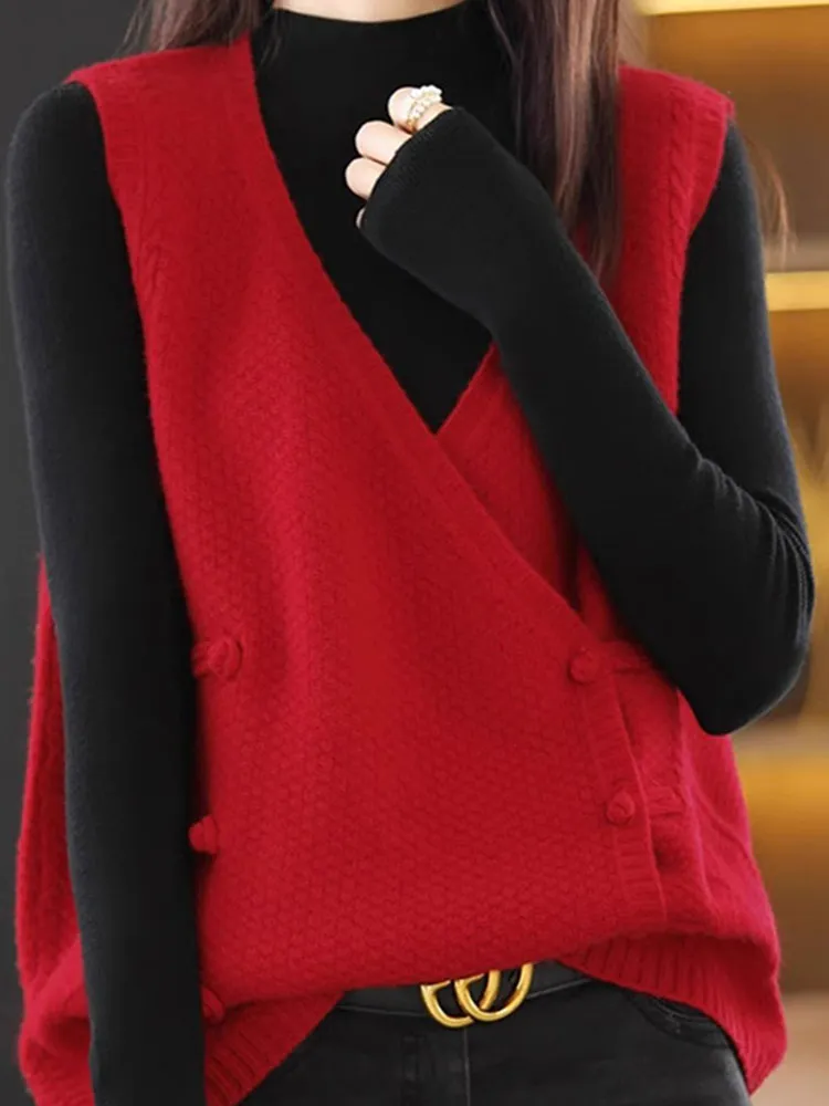 

Красный пуловер V-Ne, свитер, повседневный жилет-конверт, вязаный топ, дизайн, удобный дизайн для поездок на работу, чистый цвет