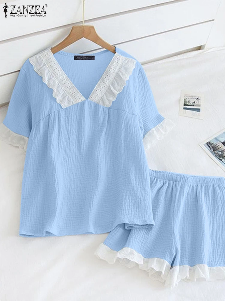 

ZANZEA Lace Short Sets Women Short Sleeve Tops Ruffled Short 2025 Elegant Short Matching Sets Summer Casual Solid Outfits