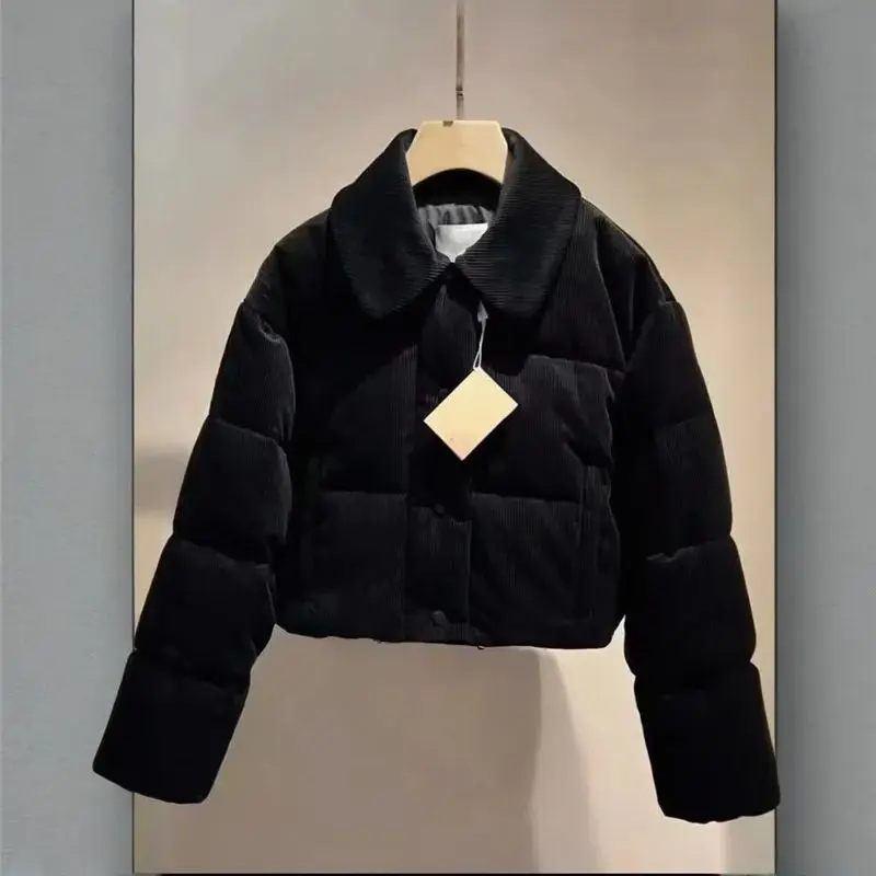 

Black Corduroy Cotton Clothing Winter Thick Polo Color Short Cotton Jacket Women Warm Luxury Cotton Coat High-end 689P