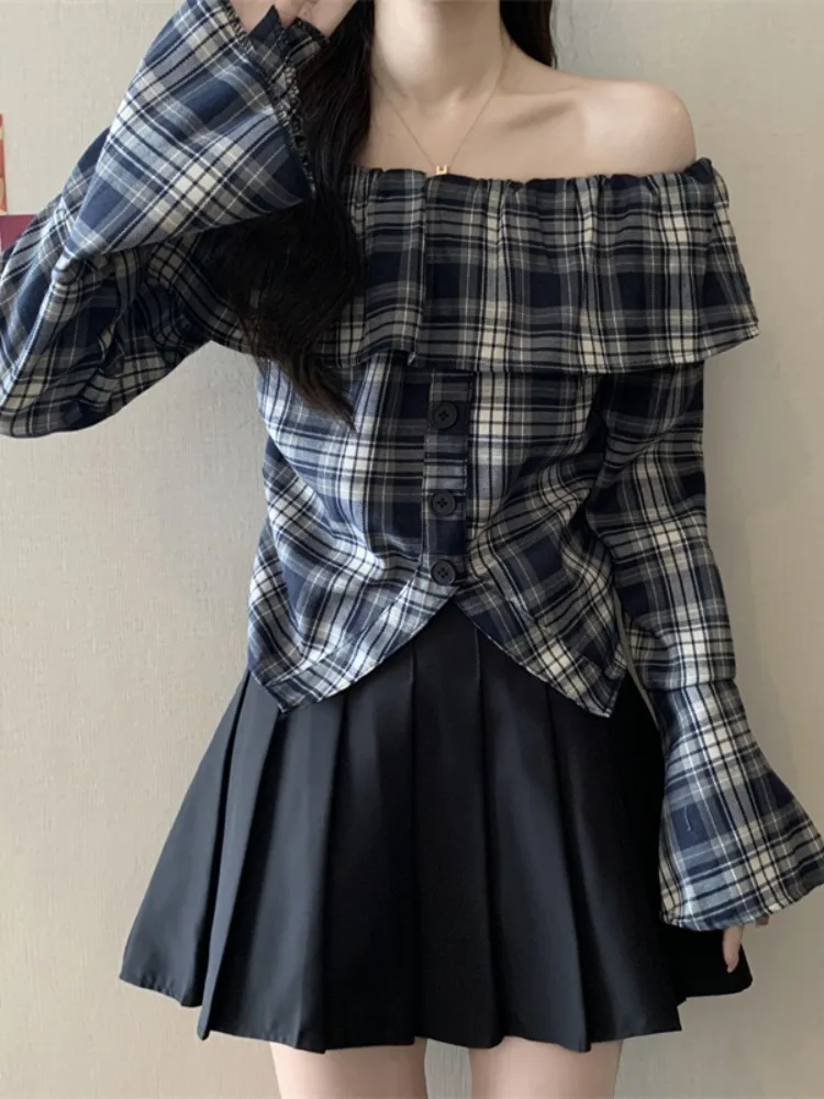 

Retro Hong Kong Sle Plaid Bell Sve Long Sve irt Women's Spring Spicy ort Bell Bot oulder Bared Top