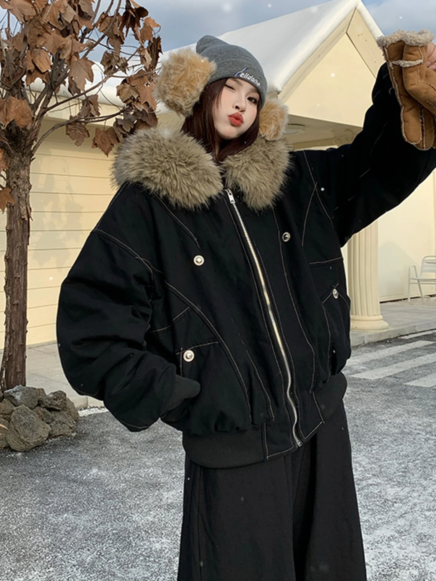 

Женская утепленная хлопковая куртка с капюшоном и воротником из норки, осенне-зимняя верхняя одежда в корейском стиле, свободный крой, на молнии