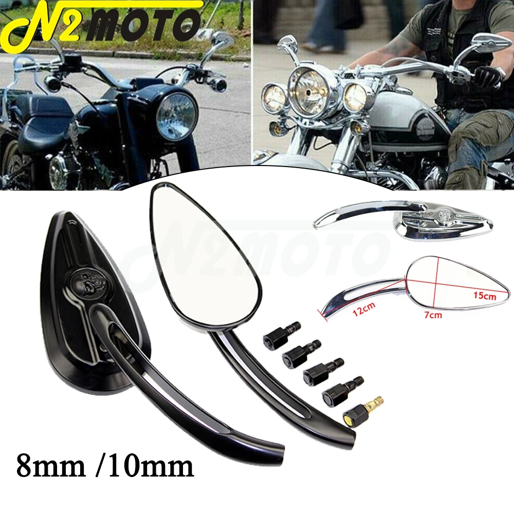 Motorcycle Chrome Skull Rear View Mirror Side Mirrors 8mm/10mm Bolt Kit Custom For Harley Dyna Heritage Softail Cruiser Scooters