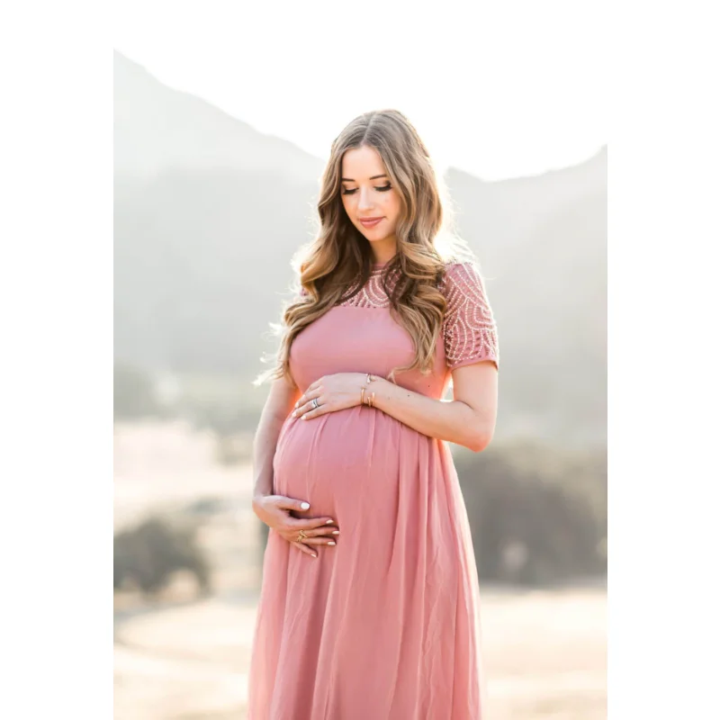 Maternity Dress Pregnancy Photography Props Dusty Pink Long Chiffon Dress Elegant Pregnant Women Clothes Lace Dresses