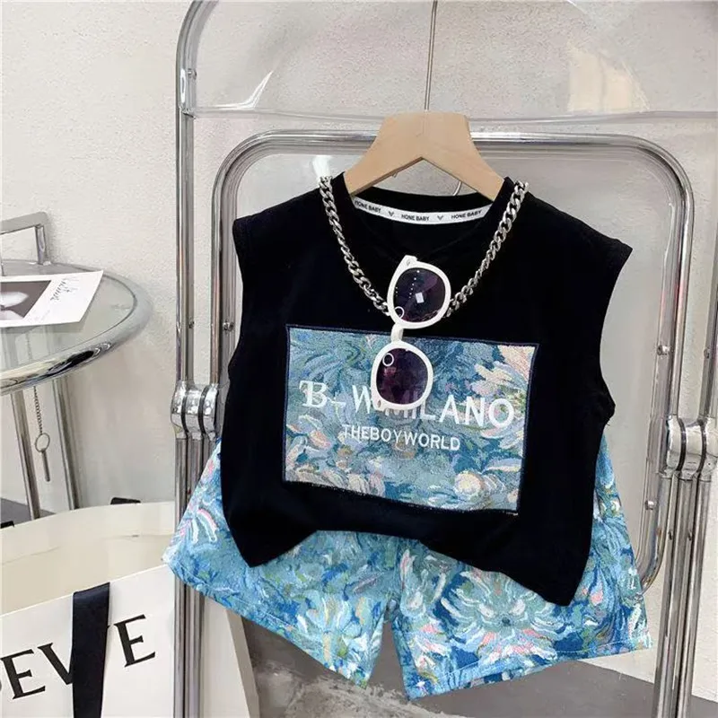 

Kids Personality Vest Set Summer Fashion Tide Sleeveless T-Shirt+Print Shorts 2pcs Street Outfits Baby Boys Sport Clothes