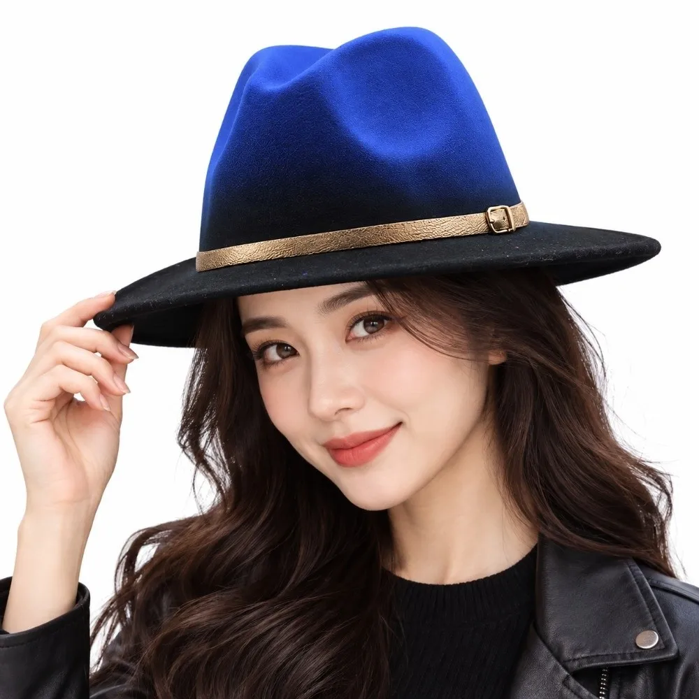 Casual Wide Brim British Fedora Hat Gradient Color Formal Occasion Winter Woolen Hat Hip Hop Jazz Hat Woolen Cowboy Hat Women