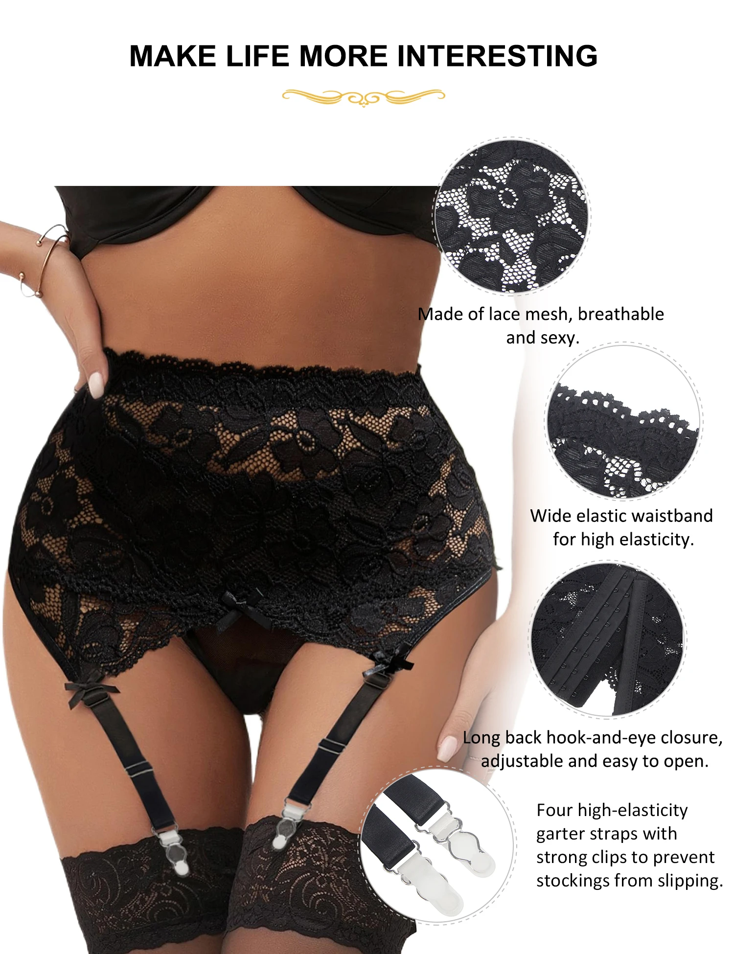 Ohyeahdear Black Floral Lace Women's Sexy Garter Underwear Transparent Lingerie High Waist Panties with Garter Belt for Stocking