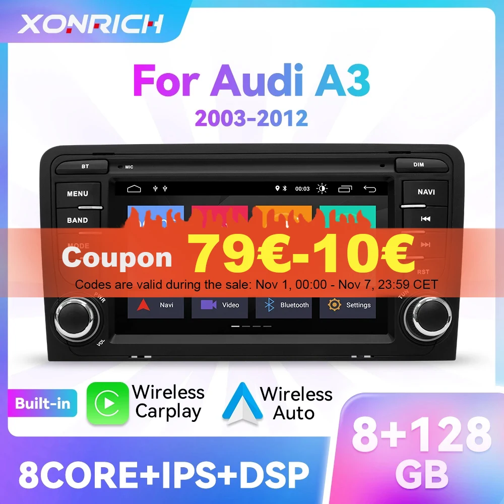 8GB+128GB Wireless Carplay Android Auto Car Radio Player For Audi A3 2 8P 2003-2013 8 Core GPS Navigation Multimedia DSP Audio