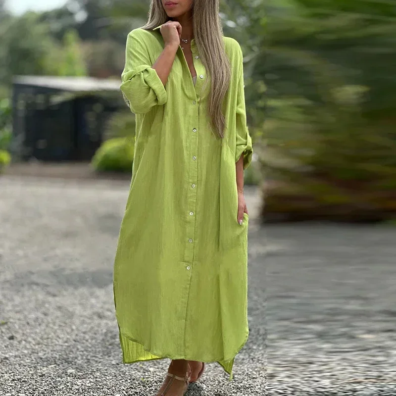 2024 Long Sleeve Maxi Dresses Women Turn Down Collar Casual Cotton Linen Button Shirt Dress Holiday Long Dresses Robe