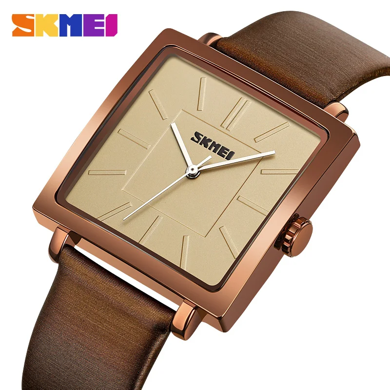 SKMEI Simple Square Quartz Ladies Wristwatch Casual Waterproof Women Watches Luxury Genuine Leather Strap Female Clock Reloj