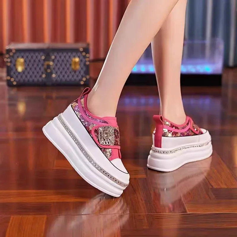 Women 8CM Platform Casual Outdoor Shoes Rhinestone Shine Decoration Sneakers Lace Walking Sport Breathable Thick Bottom Shoes
